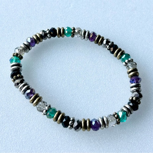 Stretch Bracelet with Multicolor Faceted Beads Gold and Silver Tone Spacers - Picture 5 of 8